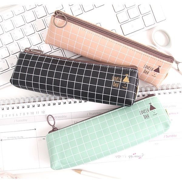 2Young Pastel check pattern zipper pencil case