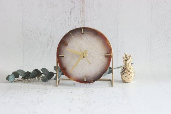 Amber Agate Clock,Amber Desk Clock,Modern Desk Clock,Geode Clock,Desk Clock,Clock,Boho Decor,Orange Clock,Agate Clock