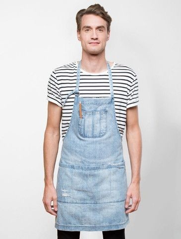 Boston Distressed Denim Bib Apron - Light Blue