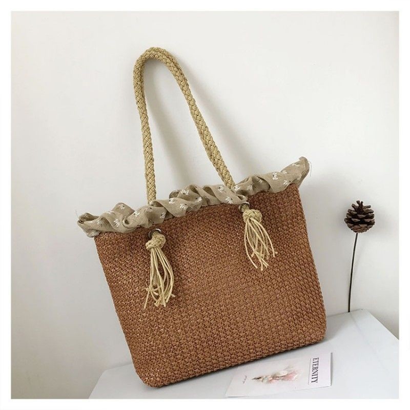 Chocolate Summer Straw Tote Bag Ruffle Beach Bags