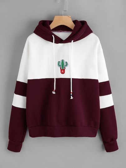 Color Block Cactus Embroidered Hoodie