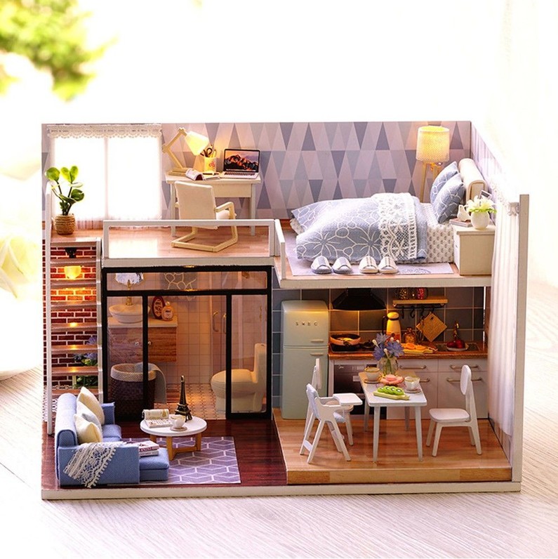 DIY Blue Time Miniature Wooden Modern Dollhouse