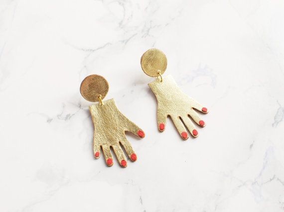 Gold and red leather hand earrings