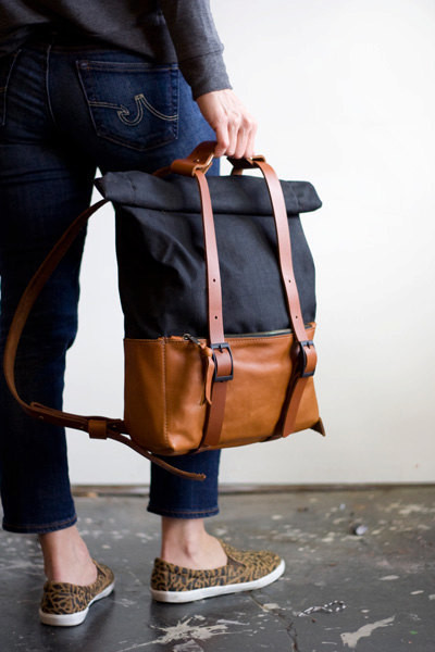 Leather and Waxed Canvas Backpack- The ACE Backpack in Caramel Tan and Black by Awl Snap
