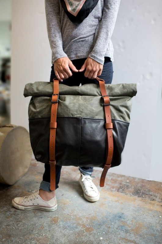 Leather and Waxed Canvas Weekender Bag- Olive Canvas, Black Leather. The HotShot Weekender by Awl Snap