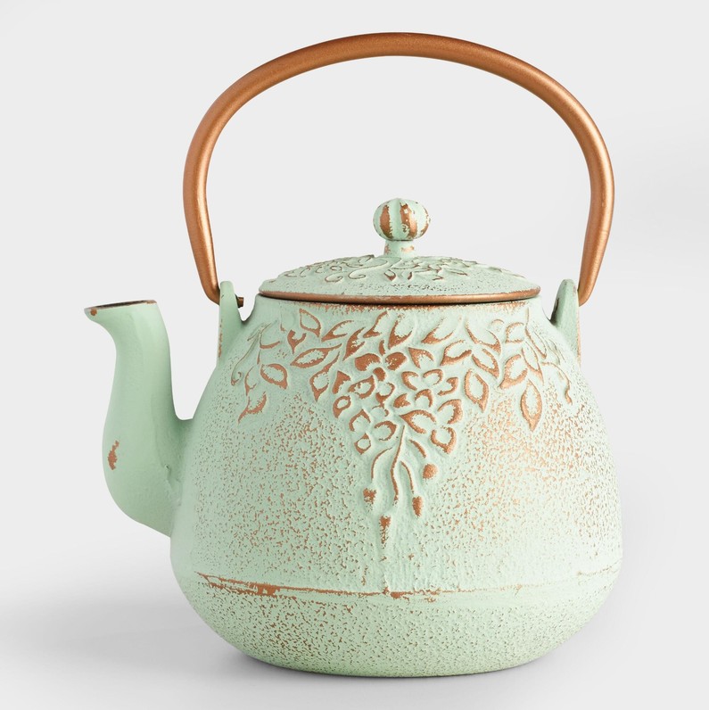 Light Green Embossed Cast Iron Teapot