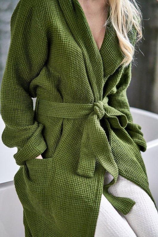 Linen Bathrobe with Hoodie, Green Robe, Bathrobe with Pockets, Kimono Robe, Wedding Gift Idea, Spa Robe Sauna Bathrobe Linen Gown Linen Robe