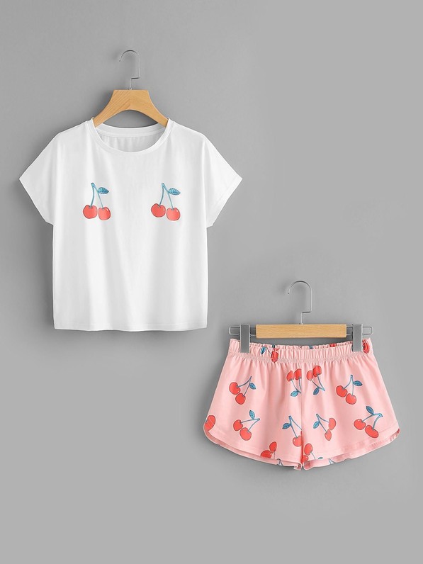 MAKEMECHIC Cherry Print Tee And Shorts Set