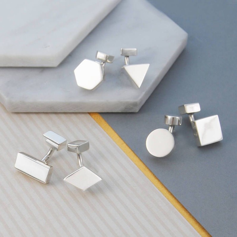 Men`s Geometric Solid Sterling Silver Cufflinks