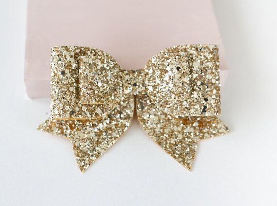 Oversized Large pale gold glitter fabric bow hair clip