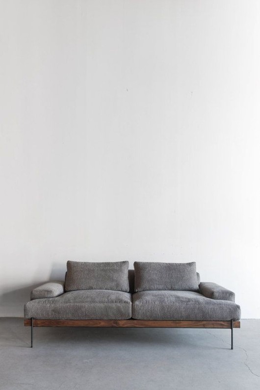 Rivera Sofa, Walnut and Steel Base, Down Cushions