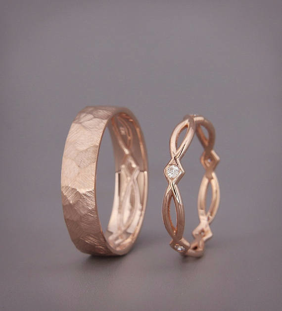 Rose Gold Celtic Wedding Ring Set with Diamonds