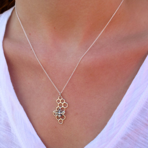 Silver Honeycomb Necklace with Bee Charm