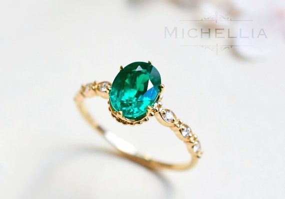 Vintage Inspired Oval Ring in Lab Emerald