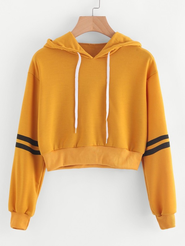 Yellow Drawstring Crop Varsity Striped Hoodie